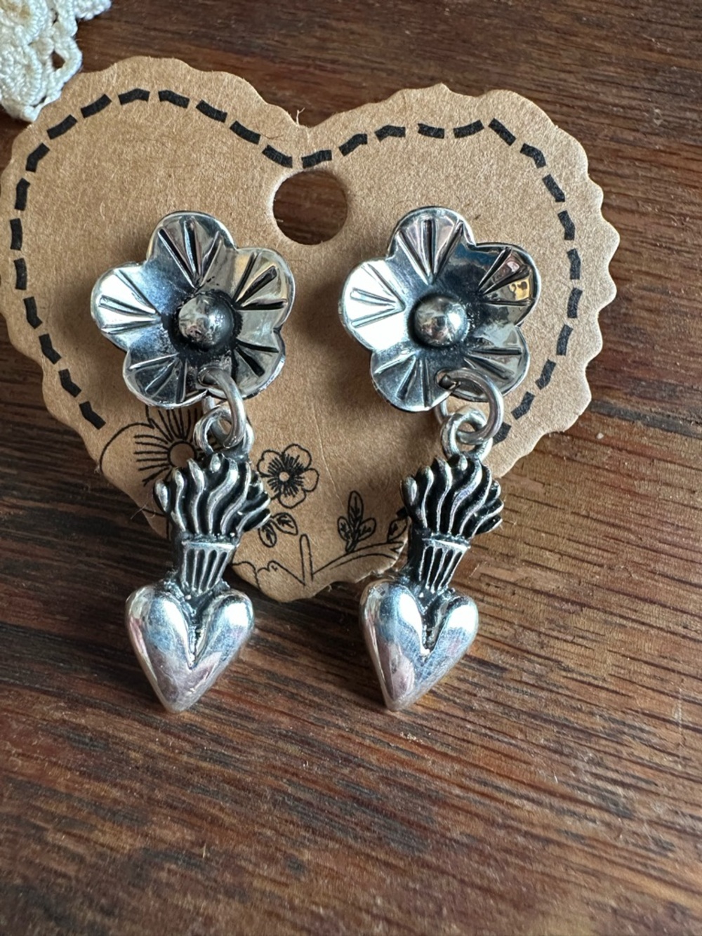 Sterling Silver Taxco  Floral Heart Drop Earrings - - Picture 2 of 5